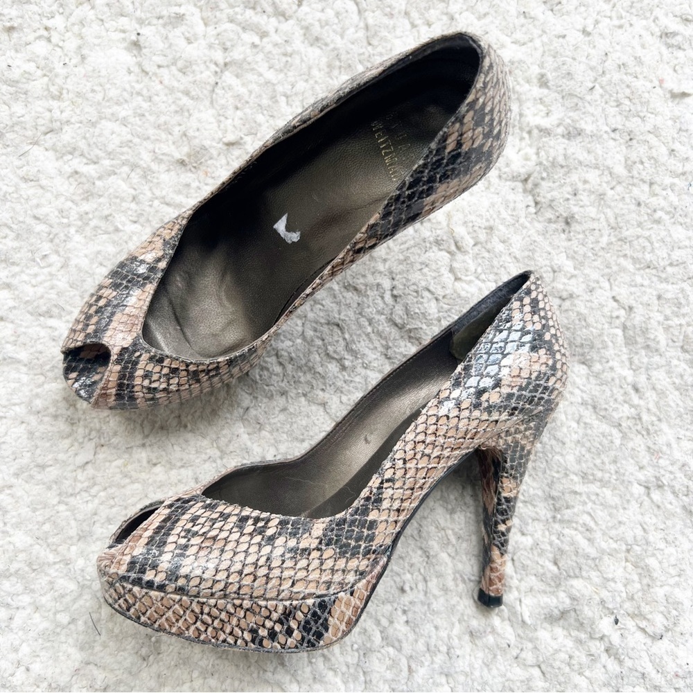 Stuart Weitzman Black Brown Tan Leather Python Snake Skin Peep Toe Pumps Heels